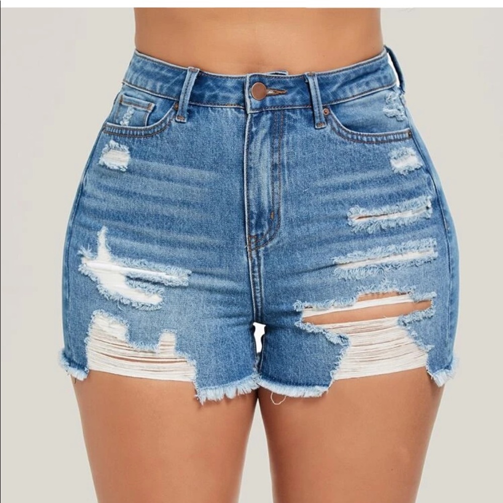 SHEIN raw hem high waisted distressed shorts